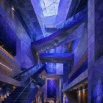 Periwinkle modern architecture wall art featuring a luminous contemporary museum atrium with geometric structures and architectural depth