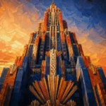 Burnt orange and navy art deco architecture prints featuring a geometric skyscraper with stepped details and elegant symmetry