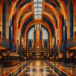 Burnt orange and navy art deco architecture prints featuring a vaulted railway terminal interior with geometric arches and marble details