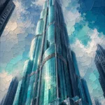 Sea glass modern skyscraper wall art featuring a towering reflective glass building with vertical architectural details