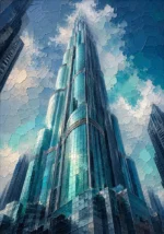 Sea glass modern skyscraper wall art featuring a towering reflective glass building with vertical architectural details
