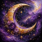 Violet and gold celestial wall decor featuring a crescent moon with floral details, golden stars, and cosmic tones