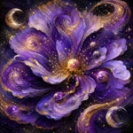 Violet and gold celestial wall decor featuring a mystical galaxy flower with orbiting planets, crystal moons, and cosmic details