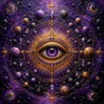 Violet and gold celestial wall decor featuring a mystical cosmic eye with radiant halo, planets, moons, and celestial details