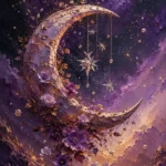 Mauve and copper celestial wall hanging featuring a crescent moon with botanical vines, crystal stars, and cosmic mist