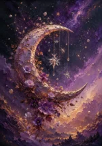 Mauve and copper celestial wall hanging featuring a crescent moon with botanical vines, crystal stars, and cosmic mist