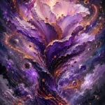 Mauve and copper celestial wall hanging featuring a cosmic flower with glowing nebula petals, moons, and stardust