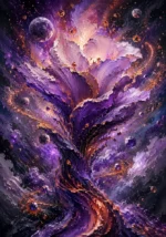 Mauve and copper celestial wall hanging featuring a cosmic flower with glowing nebula petals, moons, and stardust