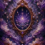 Mauve and copper celestial wall hanging featuring a mystical cosmic mirror, planetary rings, stars, and lunar details for elegant interiors