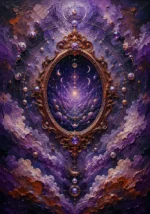 Mauve and copper celestial wall hanging featuring a mystical cosmic mirror, planetary rings, stars, and lunar details for elegant interiors