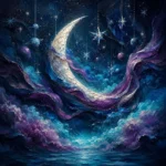 Deep peacock and plum celestial wall art featuring a crescent moon, nebula clouds, crystal stars, and cosmic halos for elegant interiors