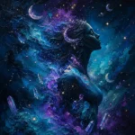 Deep peacock and plum celestial wall art featuring a feminine cosmic silhouette, galaxies, crescent moons, stars, and celestial dust for elegant interiors