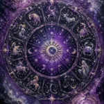 Plum astrology wall art featuring a celestial zodiac wheel, constellations, crescent moons, and crystalline stars for elegant interiors
