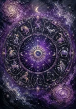 Plum astrology wall art featuring a celestial zodiac wheel, constellations, crescent moons, and crystalline stars for elegant interiors