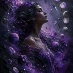 Plum astrology wall art featuring a feminine celestial profile, moon phases, planets, constellations, and cosmic mist for elegant interiors