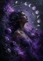 Plum astrology wall art featuring a feminine celestial profile, moon phases, planets, constellations, and cosmic mist for elegant interiors