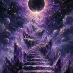 Plum astrology wall art featuring a celestial crystal staircase, glowing eclipse, zodiac-inspired patterns, stars, and nebula clouds for elegant interiors