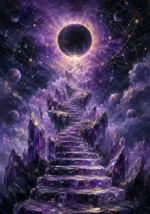 Plum astrology wall art featuring a celestial crystal staircase, glowing eclipse, zodiac-inspired patterns, stars, and nebula clouds for elegant interiors