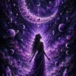 Mauve noir astrology wall hanging featuring a celestial feminine silhouette, crescent moon, constellations, stars, and cosmic dust for elegant interiors