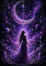 Mauve noir astrology wall hanging featuring a celestial feminine silhouette, crescent moon, constellations, stars, and cosmic dust for elegant interiors