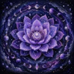 Blue lilac astrology canvas art featuring a celestial lotus, constellations, orbiting moons, crystals, and stardust for elegant interiors