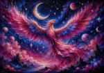 Magenta and cobalt astrology art prints featuring a celestial phoenix with galaxy wings, moons, stars, and cosmic details for elegant interiors