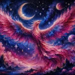 Magenta and cobalt astrology art prints featuring a celestial phoenix with galaxy wings, moons, stars, and cosmic details for elegant interiors
