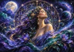 Indigo and emerald horoscope art prints featuring a celestial woman with zodiac constellations, cosmic vines, and stardust details for elegant interiors