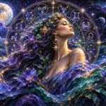 Indigo and emerald horoscope art prints featuring a celestial woman with zodiac constellations, cosmic vines, and stardust details for elegant interiors