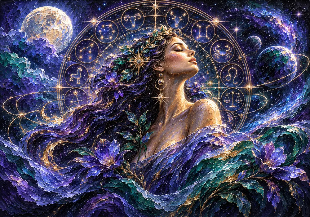 Astral Bloom horoscope art prints Indigo & Emerald Art Print