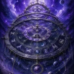 Dusty lilac astrological chart framed print featuring a celestial astrolabe with zodiac rings, planetary paths, and violet cosmic details for elegant interiors