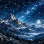Prussian night constellation wall art featuring alpine peaks, glowing star patterns, deep navy skies, and celestial mist