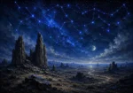 Midnight navy constellation canvas art featuring desert rock formations beneath glowing constellations with cobalt and slate tones for elegant interiors