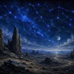 Midnight navy constellation canvas art featuring desert rock formations beneath glowing constellations with cobalt and slate tones for elegant interiors