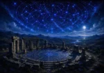 Midnight navy constellation canvas art featuring an ancient stone sanctuary beneath a glowing constellation map with cobalt details for elegant interiors