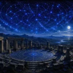 Midnight navy constellation canvas art featuring an ancient stone sanctuary beneath a glowing constellation map with cobalt details for elegant interiors