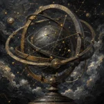 Charcoal and gold constellation framed art featuring a celestial armillary sphere with glowing constellations and bronze-like rings for elegant interiors