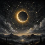 Charcoal and gold constellation framed art featuring a lunar eclipse with constellation halo and mountain silhouettes for elegant interiors