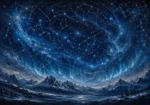 Ice blue constellation map wall art featuring interconnected constellations above snowy mountains with aurora mist for elegant interiors