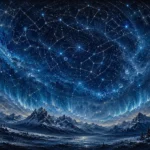 Ice blue constellation map wall art featuring interconnected constellations above snowy mountains with aurora mist for elegant interiors