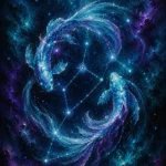 Glacier and plum pisces constellation wall art print featuring celestial fish, Pisces stars, and luminous cosmic trails for elegant interiors