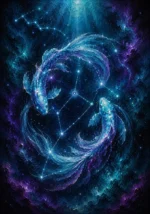 Glacier and plum pisces constellation wall art print featuring celestial fish, Pisces stars, and luminous cosmic trails for elegant interiors