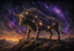 Sepia and violet taurus constellation wall art print featuring celestial bull, Taurus stars, and cosmic mountain landscape for elegant interiors