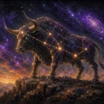 Sepia and violet taurus constellation wall art print featuring celestial bull, Taurus stars, and cosmic mountain landscape for elegant interiors