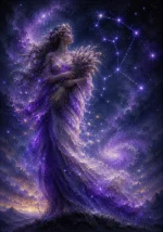 Lilac and slate virgo constellation wall art print featuring celestial maiden, Virgo stars, and flowing stardust for elegant interiors
