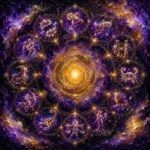 Violet and gold zodiac constellation wall art print featuring twelve zodiac signs, galactic core, and luminous celestial mandala for elegant interiors