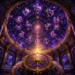 Violet and gold zodiac constellation wall art print featuring celestial observatory dome, zodiac signs, and astronomical compass for elegant interiors