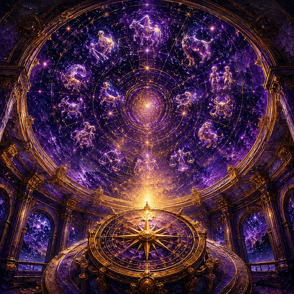 Golden Zenith Zodiac Constellation Wall Art Violet & Gold Art Print