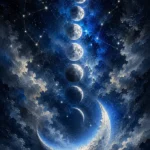 Silver & Cobalt moon phase prints featuring a crescent moon, ascending lunar phases, constellations, and blue cosmic tones for elegant interiors