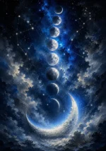 Silver & Cobalt moon phase prints featuring a crescent moon, ascending lunar phases, constellations, and blue cosmic tones for elegant interiors